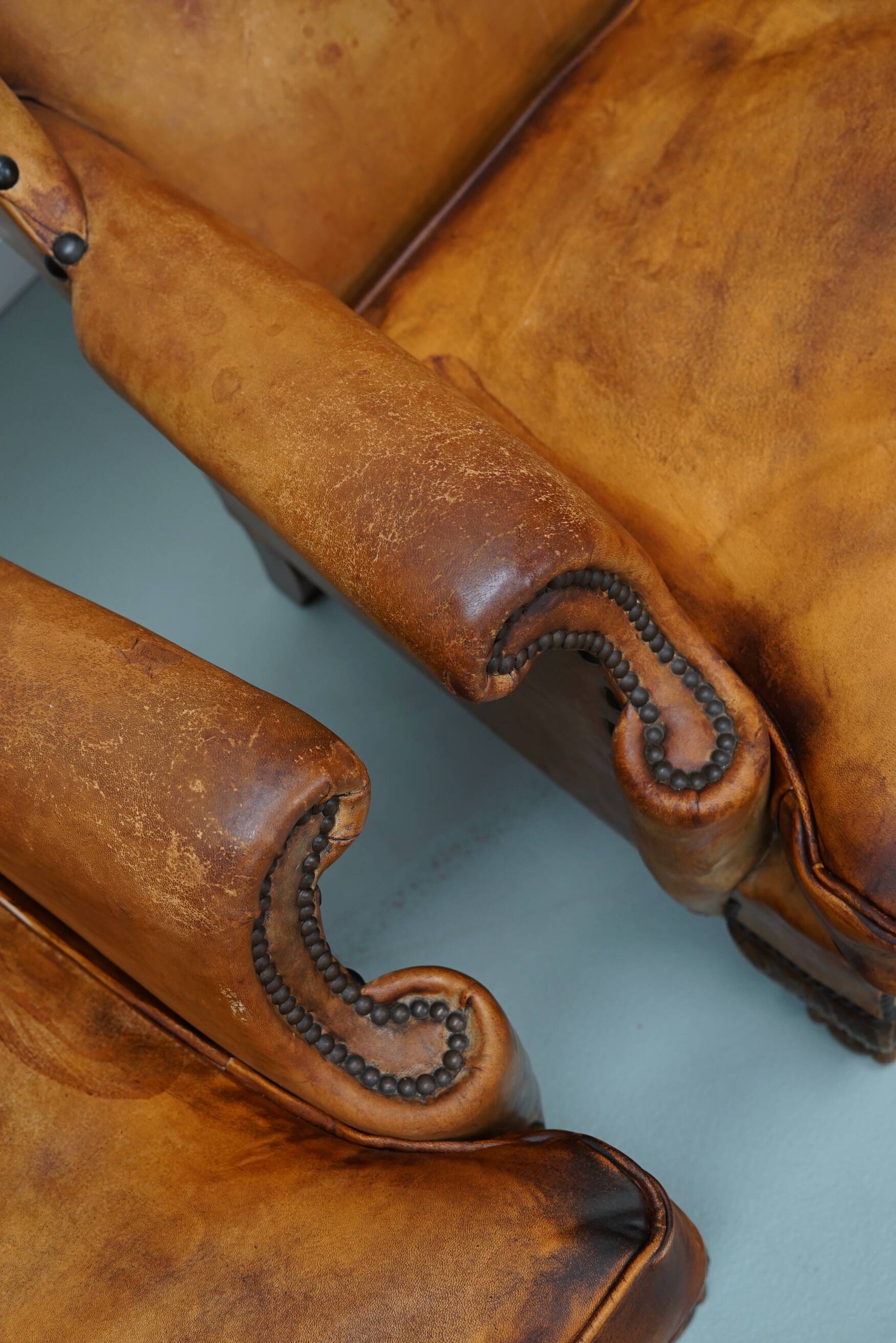 Old Patinated Dutch Cognac Colored Leather Club Chair, Set of 2