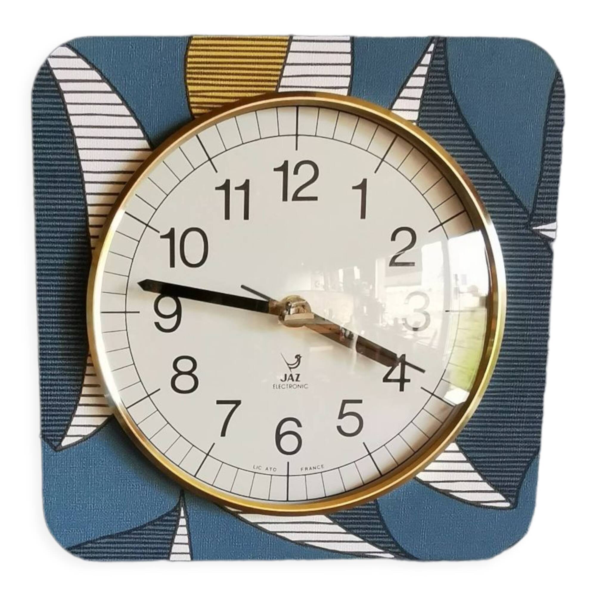 Square silent vintage wall clock clock "Jaz blue white ochre"