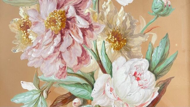 Vintage painting bouquet of peonies with butterflies 1890