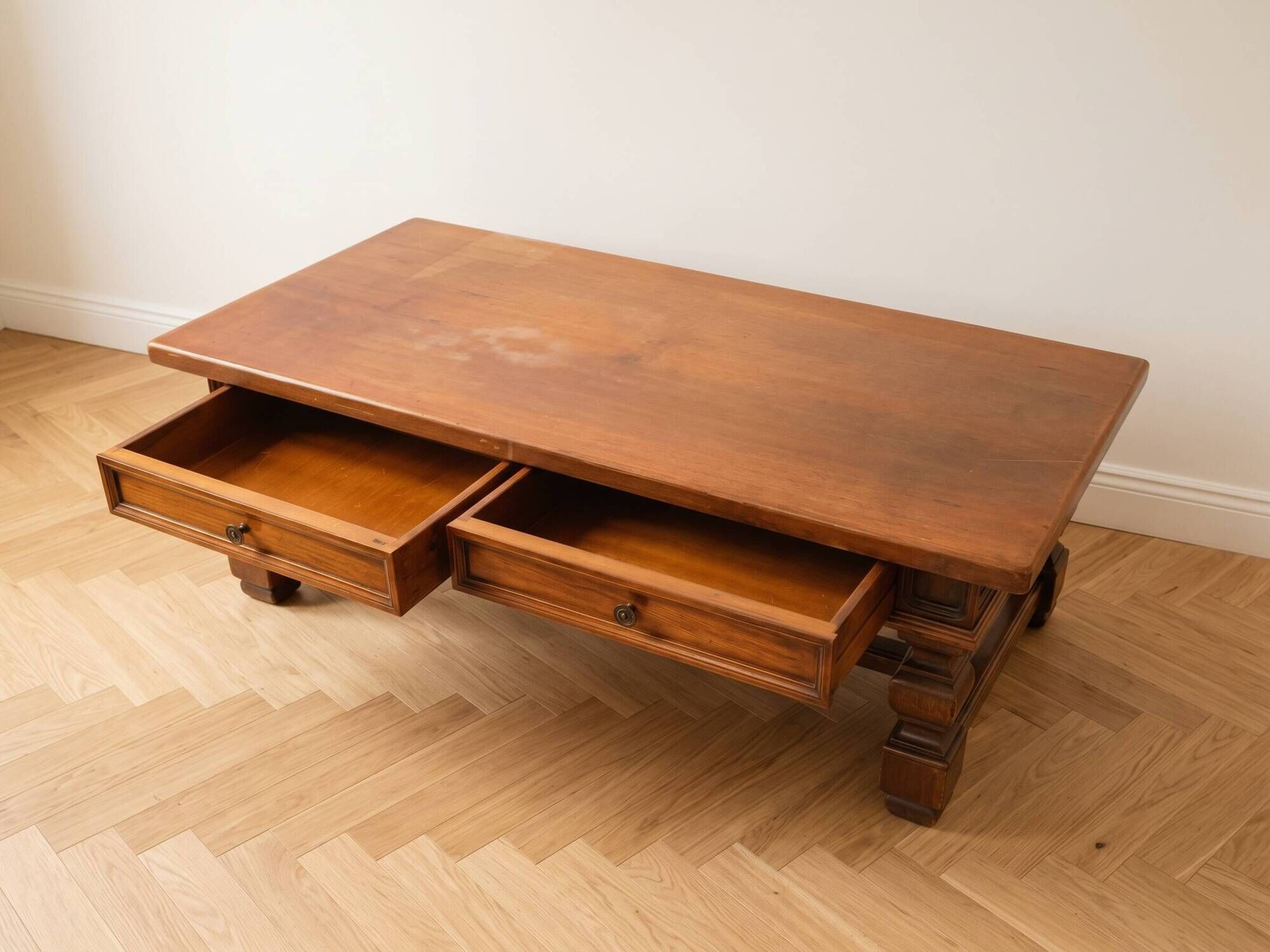 Antique solid wood coffee table with drawers.