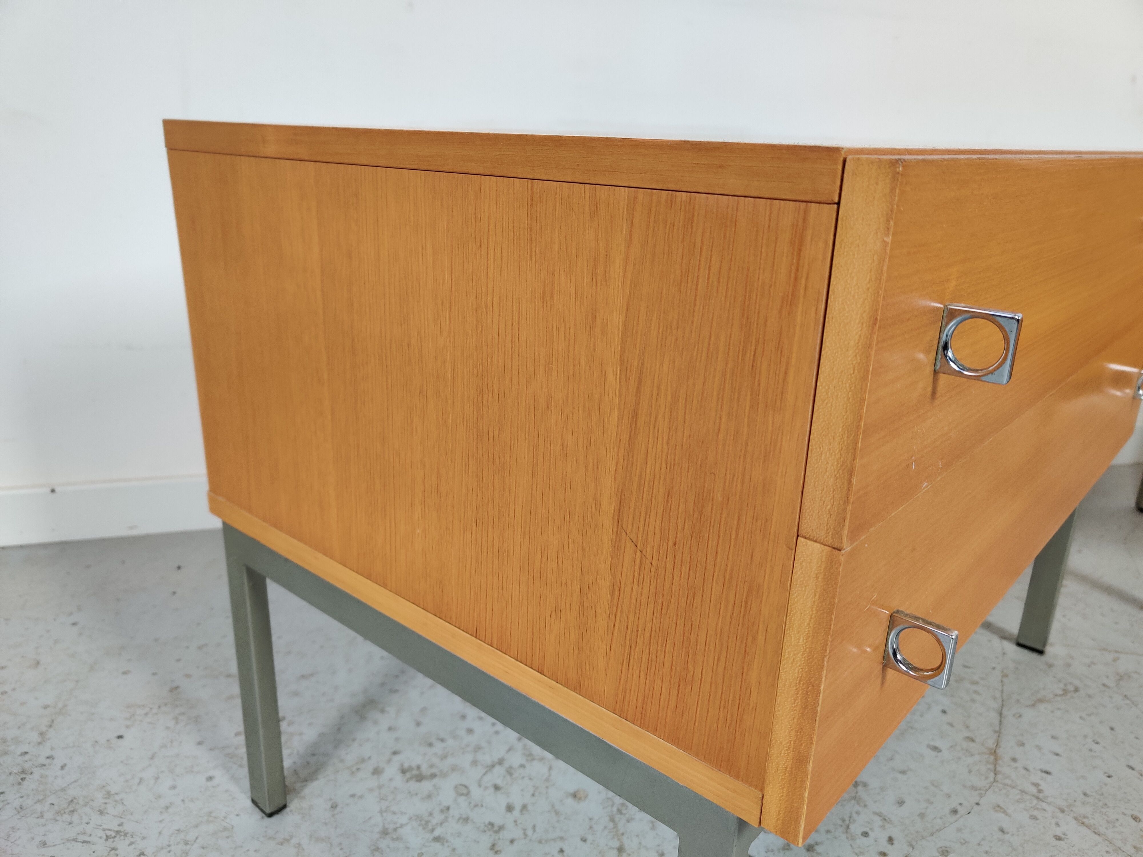 Pair of Scandinavian bedside tables, wood and metal 60s