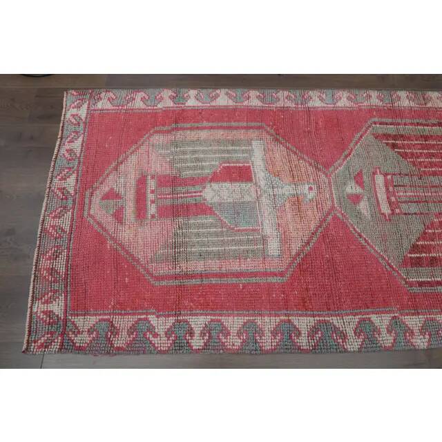 1970s Vintage Turkish Oushak Handmade Wool Cotton Pink Runner Rug 96x303