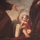 Antique Italian painting of adoration of friars with cherubs 17th century