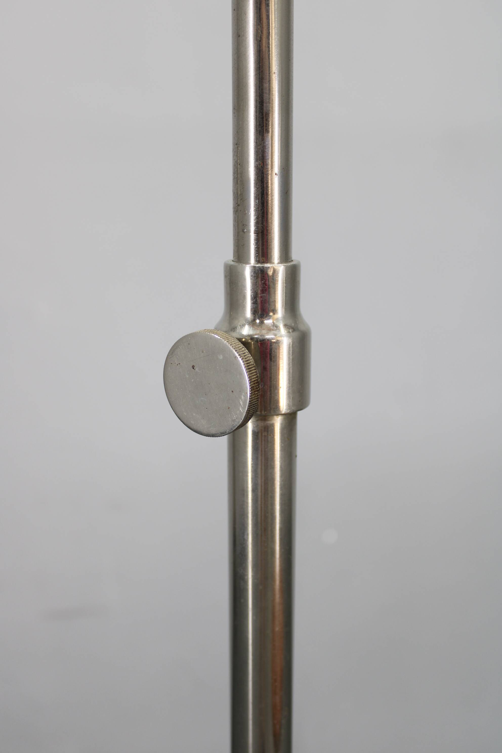 1930s Czechoslovak Art Deco chrome floor lamp with milk glass globe and table