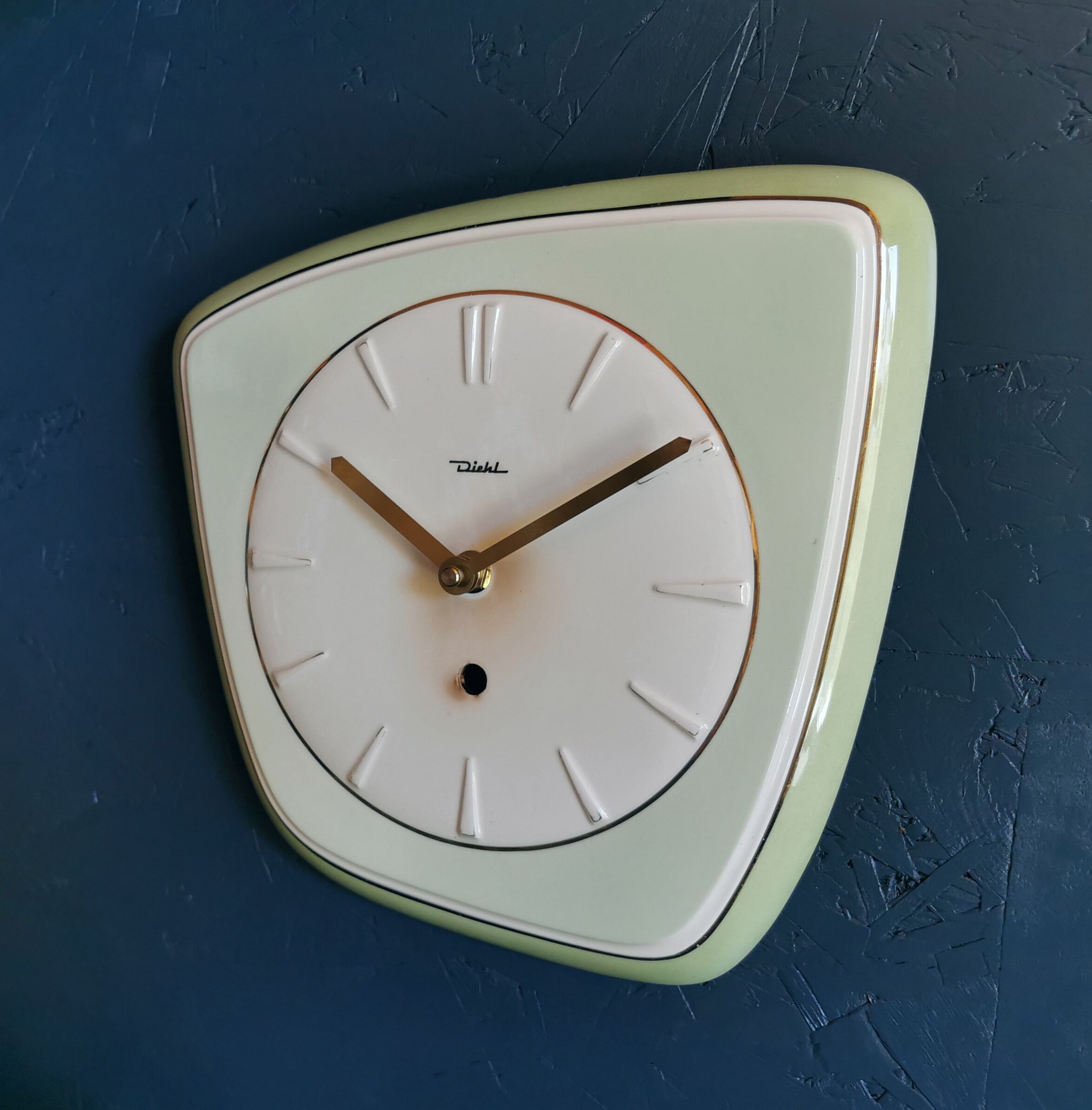 Vintage ceramic clock asymmetrical silent wall clock "Diehl golden green"