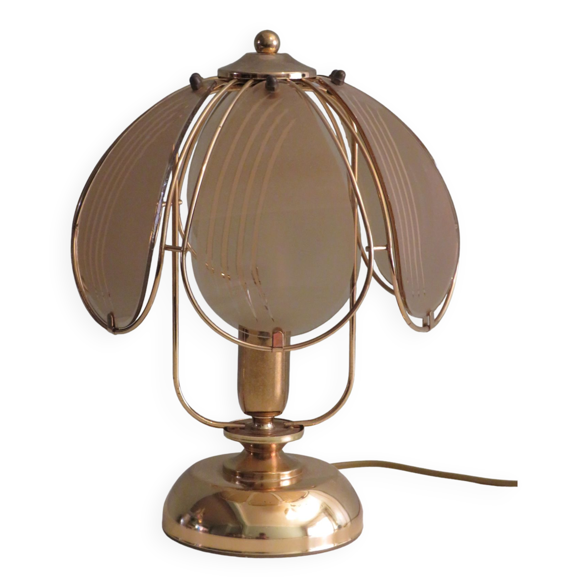Brass table lamp with smoked glass panels, Belgium 1970