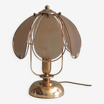 Brass table lamp with smoked glass panels, Belgium 1970
