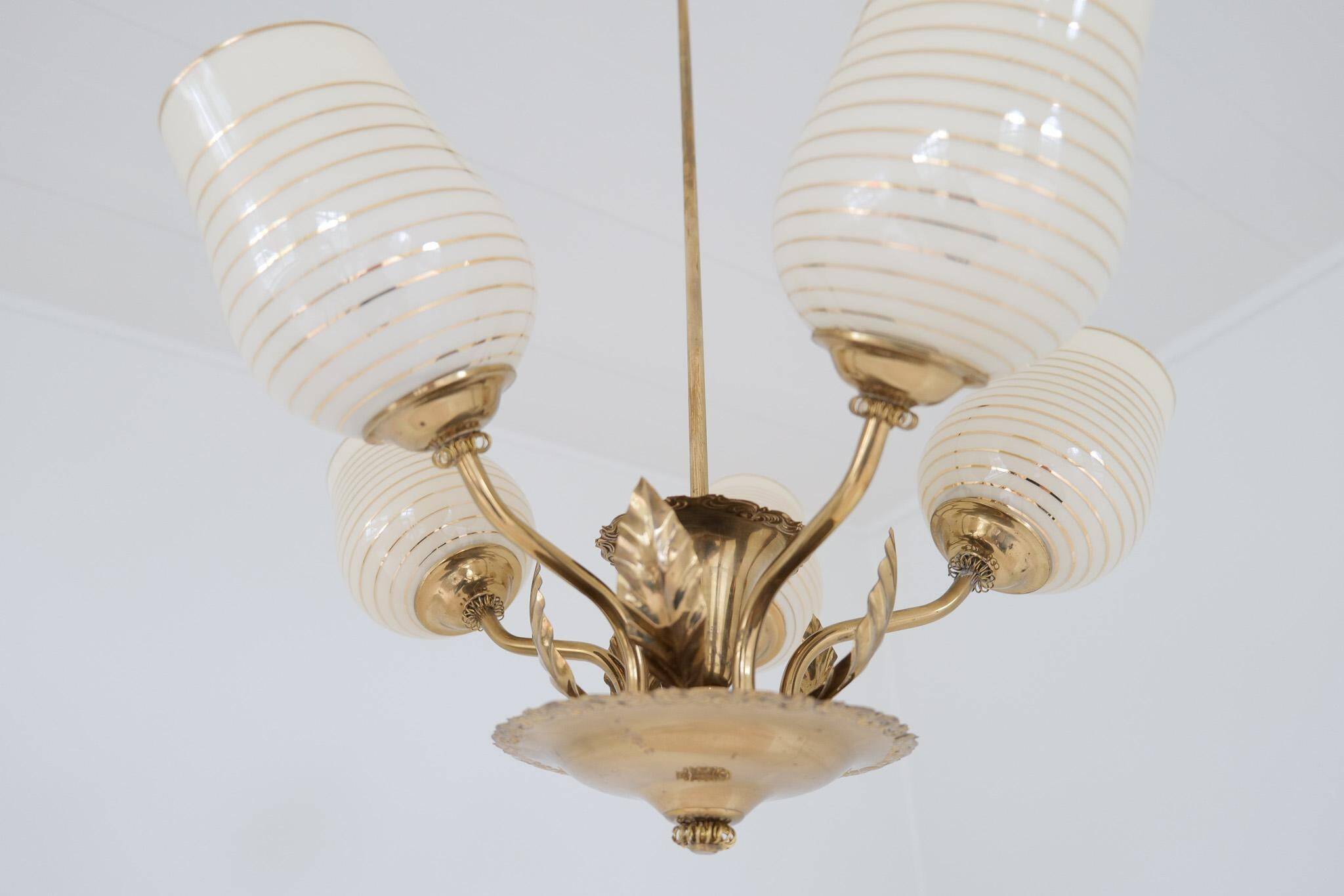 Mid-century brass and glass pendant light by Sario, Finland, 1950s.