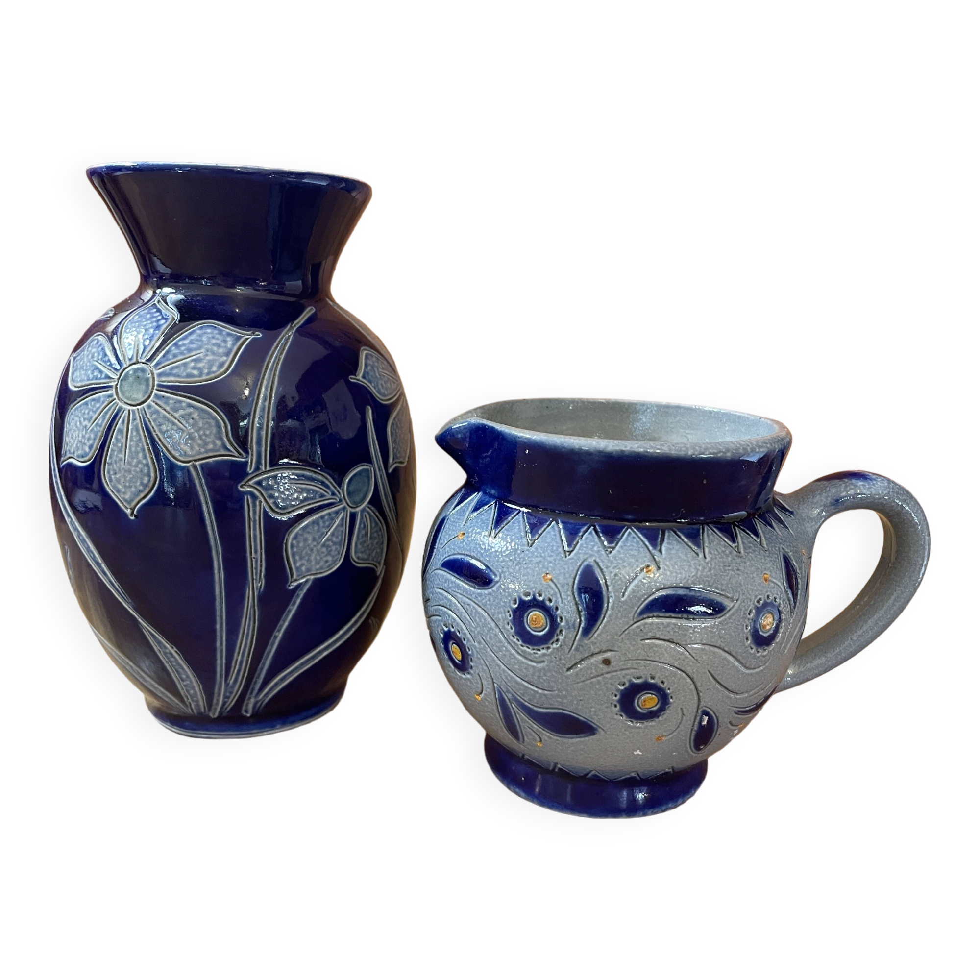 Lot deux petits vases gres d'alsace betschdorf schmitter décor floral