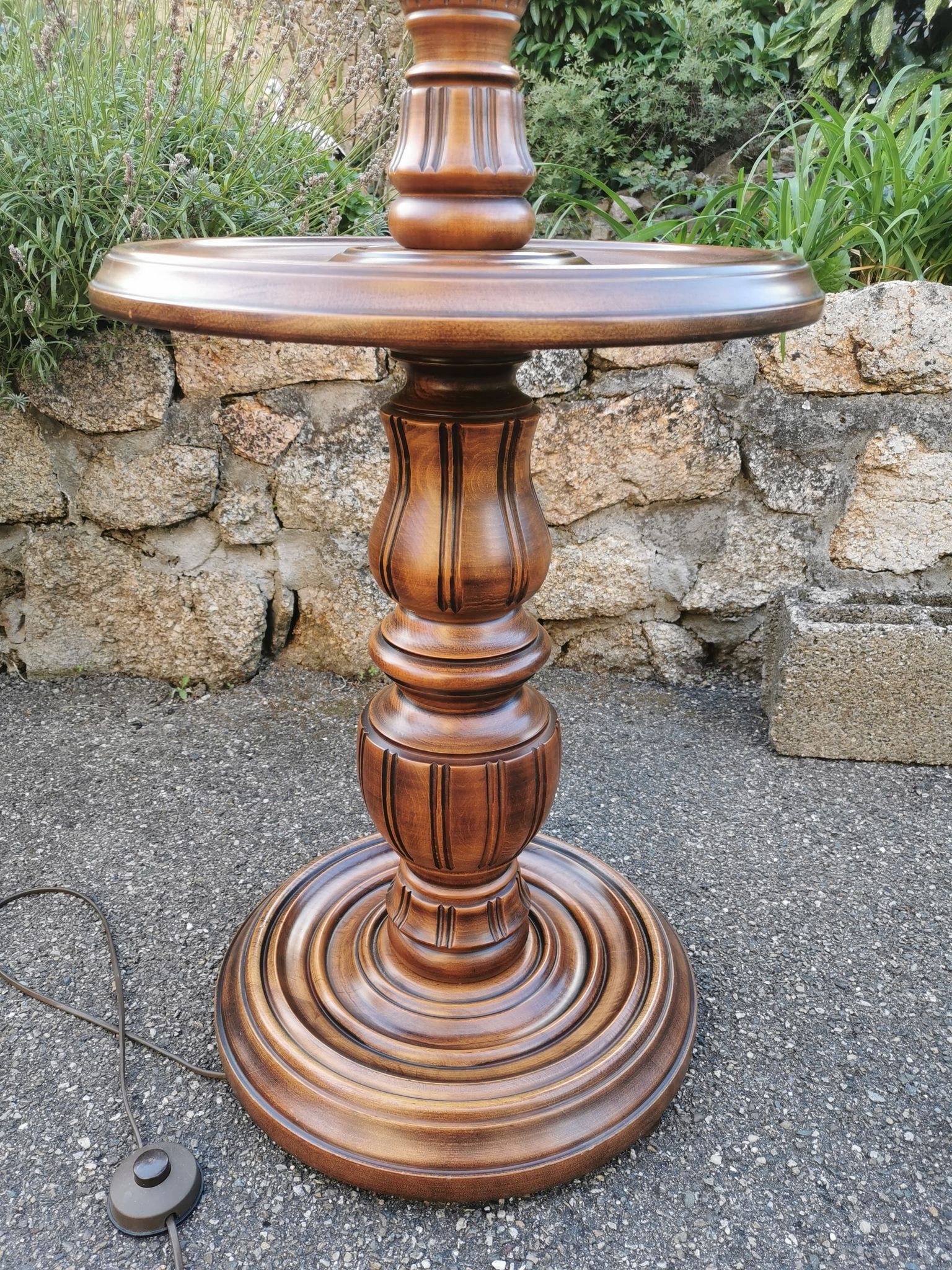 Turned wooden floor lamp with lampshade