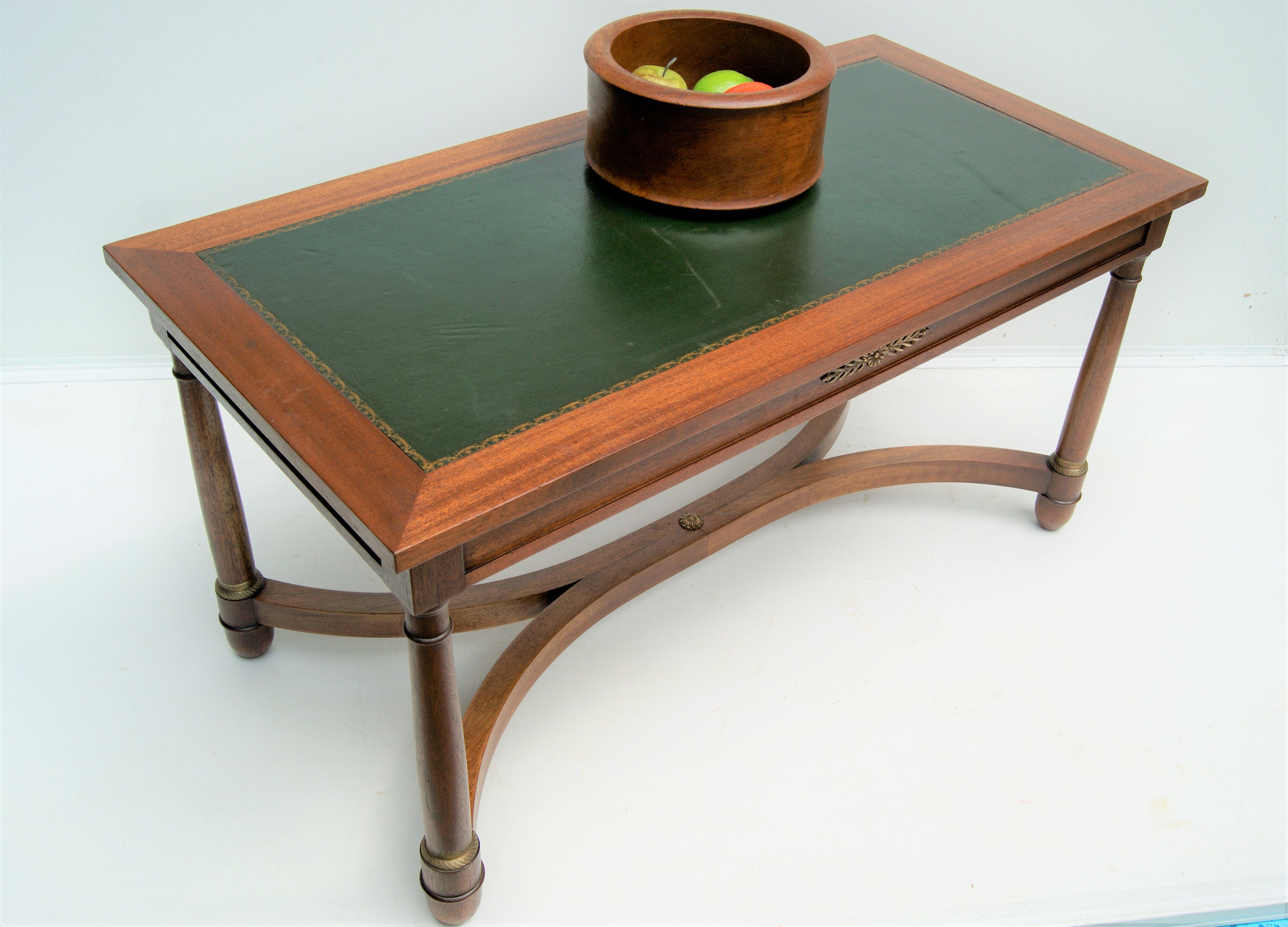 Mahogany coffee table, green leather, bronze Empire style