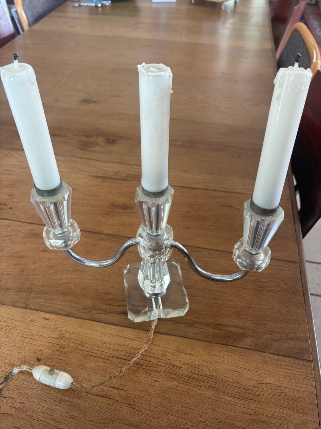 Pair of Electrified Art Deco Candle Holders – Cut Crystal & Chrome Metal 1