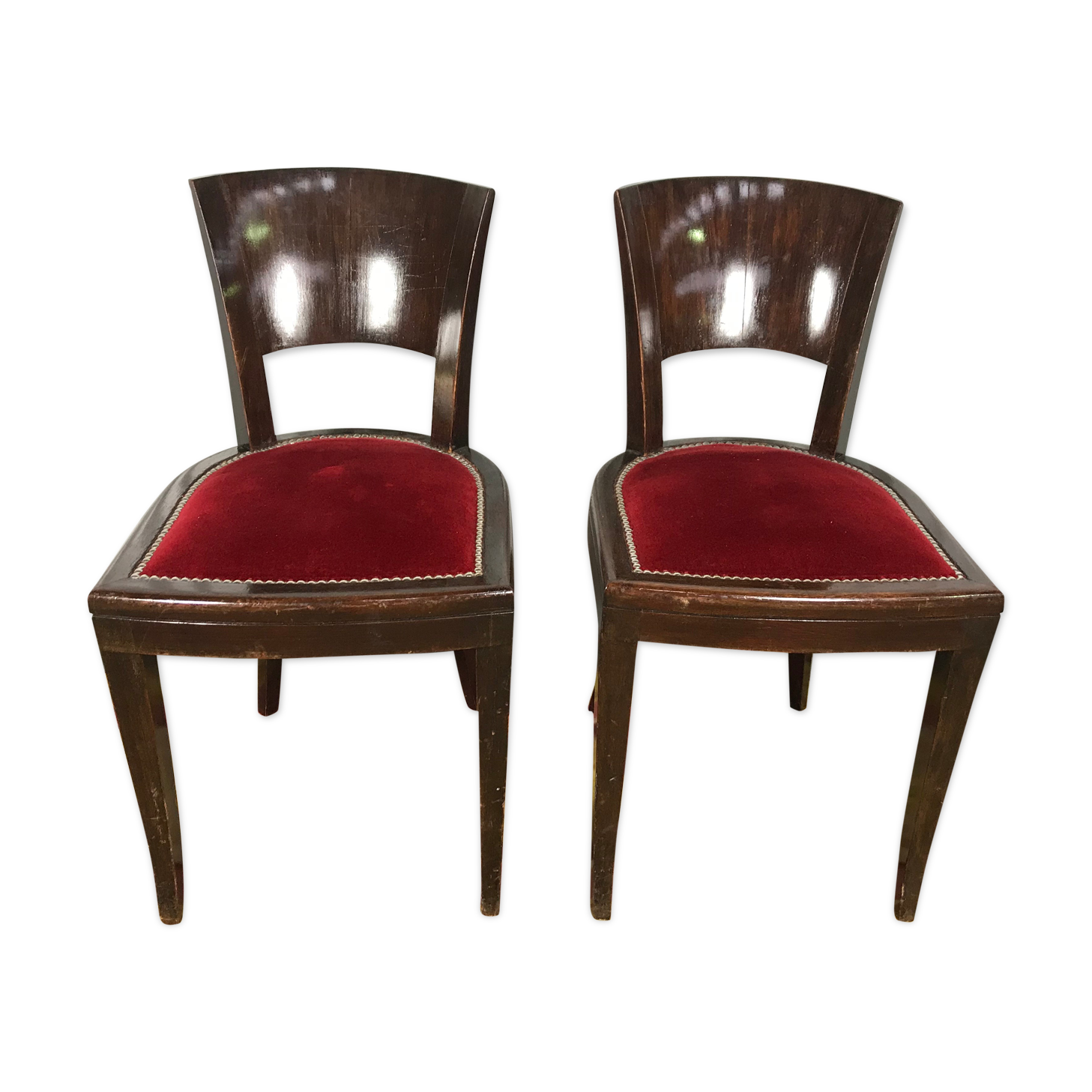Pair of age Art Deco red velvet chairs