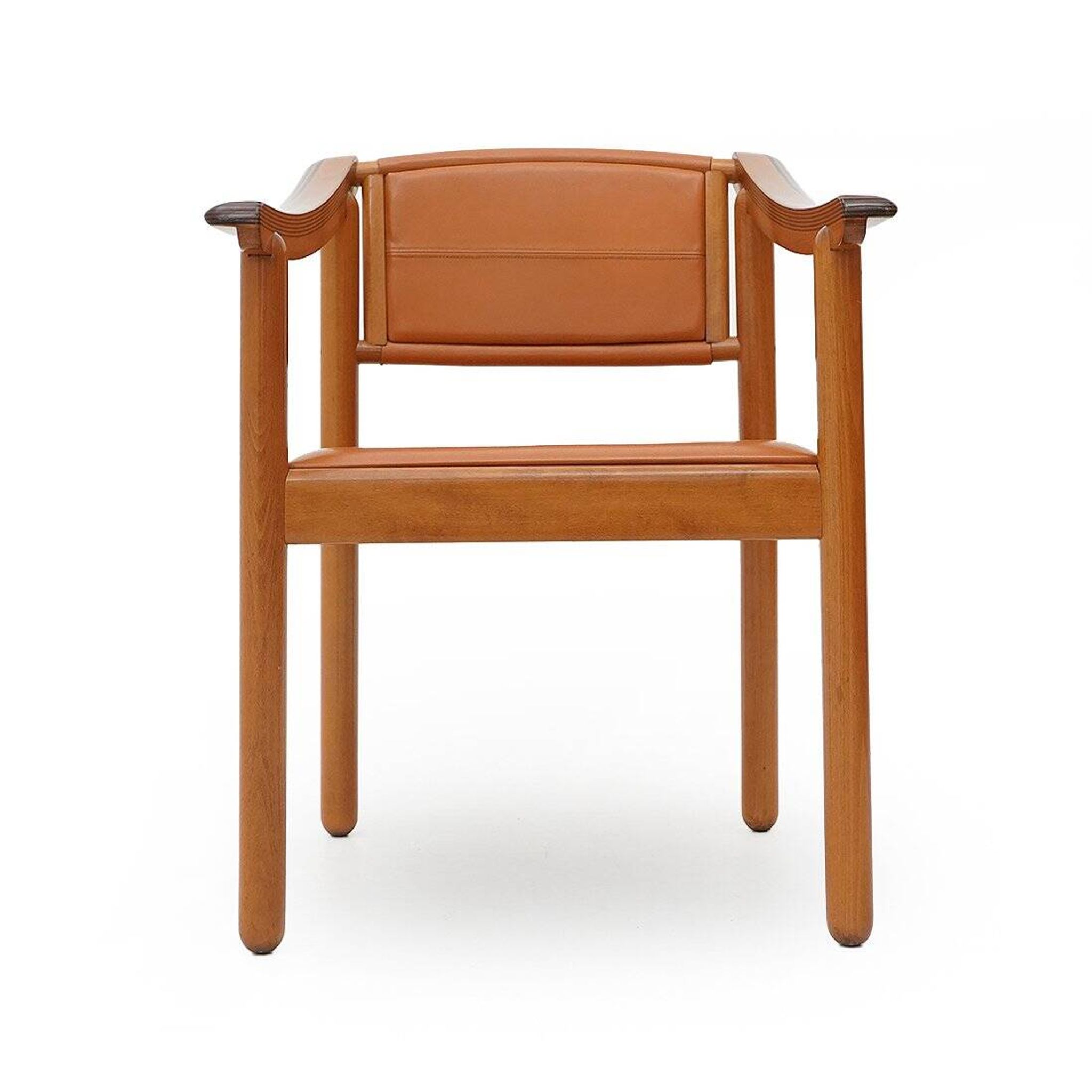 Wood and leather chairs, 1970s, set of 4