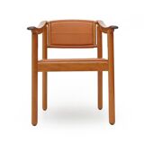 Wood and leather chairs, 1970s, set of 4