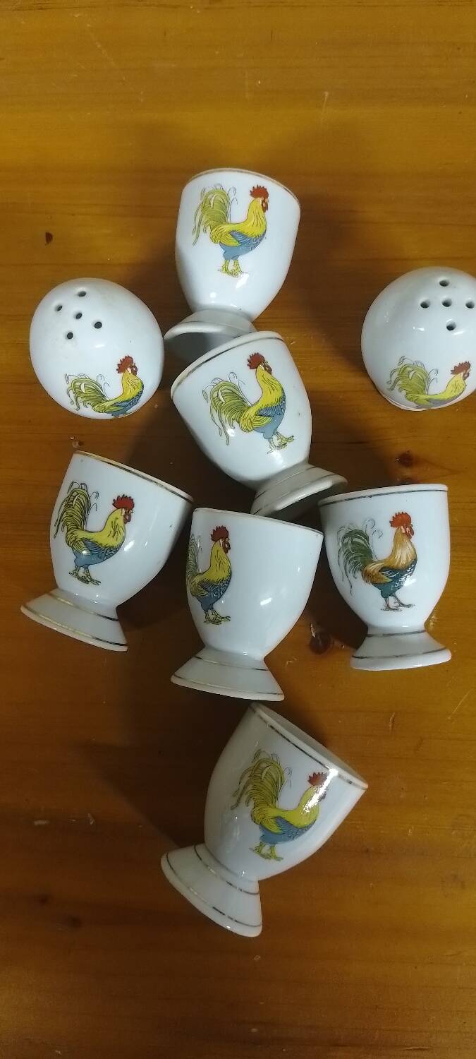 Vintage egg cups, salt and pepper shakers