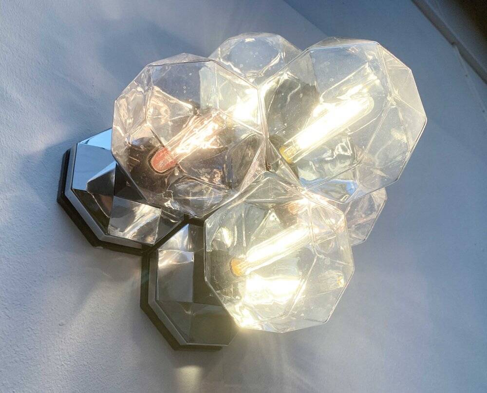 Vintage German wall or ceiling lamp in chrome and glass, space age design by Motoko Ishii for Staff.