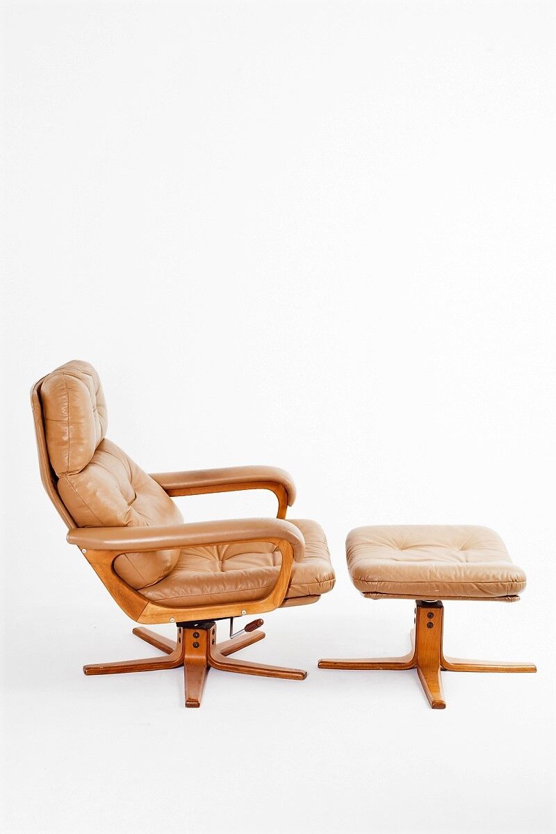 Brown leather armchair & ottoman, 1970