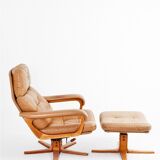 Brown leather armchair & ottoman, 1970
