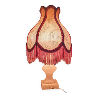 Lampe à poser pied en albâtre abat-jour rose a franges 39cm style romantique
