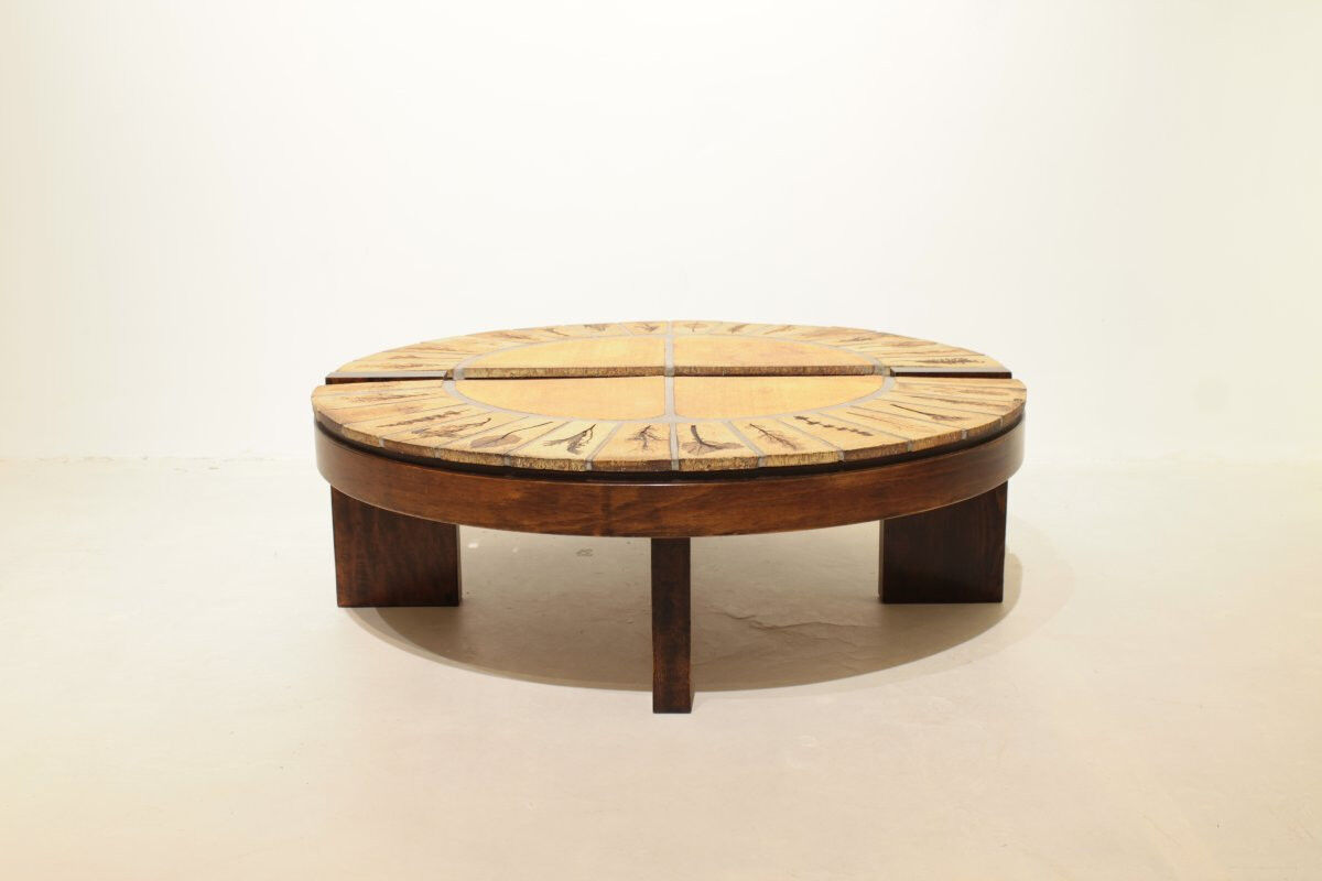 Round coffee table herbarium Roger Capron, Vallauris - ceramic and wooden structure