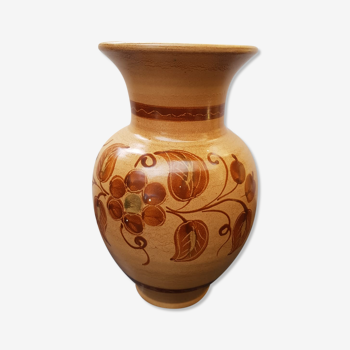 Vase céramique beige décor fleurs marron vintage