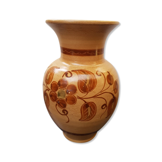 Beige ceramic vase with vintage brown flower decor