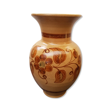 Vase céramique beige décor fleurs marron vintage