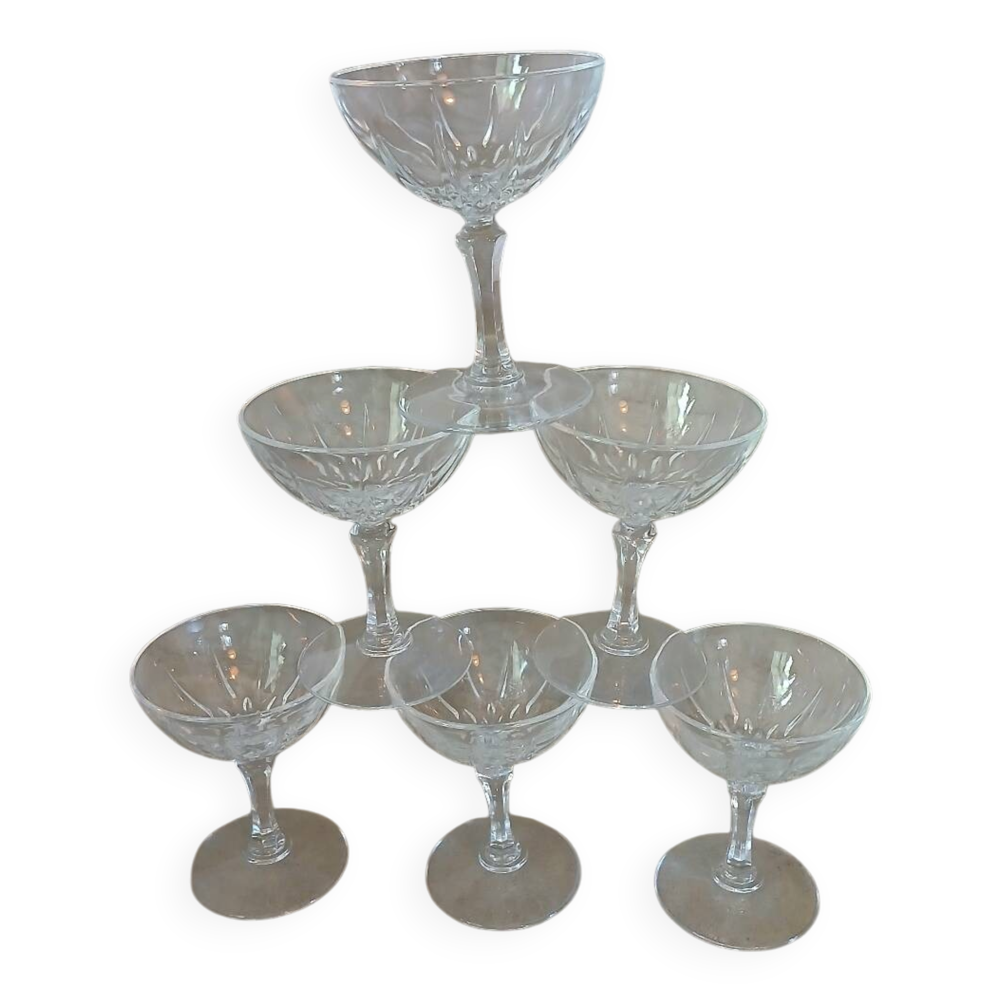 6 antique crystal champagne glasses