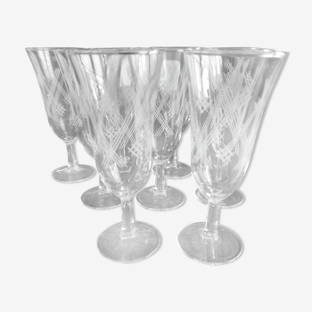 Lot de 9 flûtes à champagne vintage en verre forme tulipe décor croisillons blancs