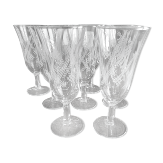 Set of 9 vintage champagne flutes in glass shape tulip decoration white crossbeams