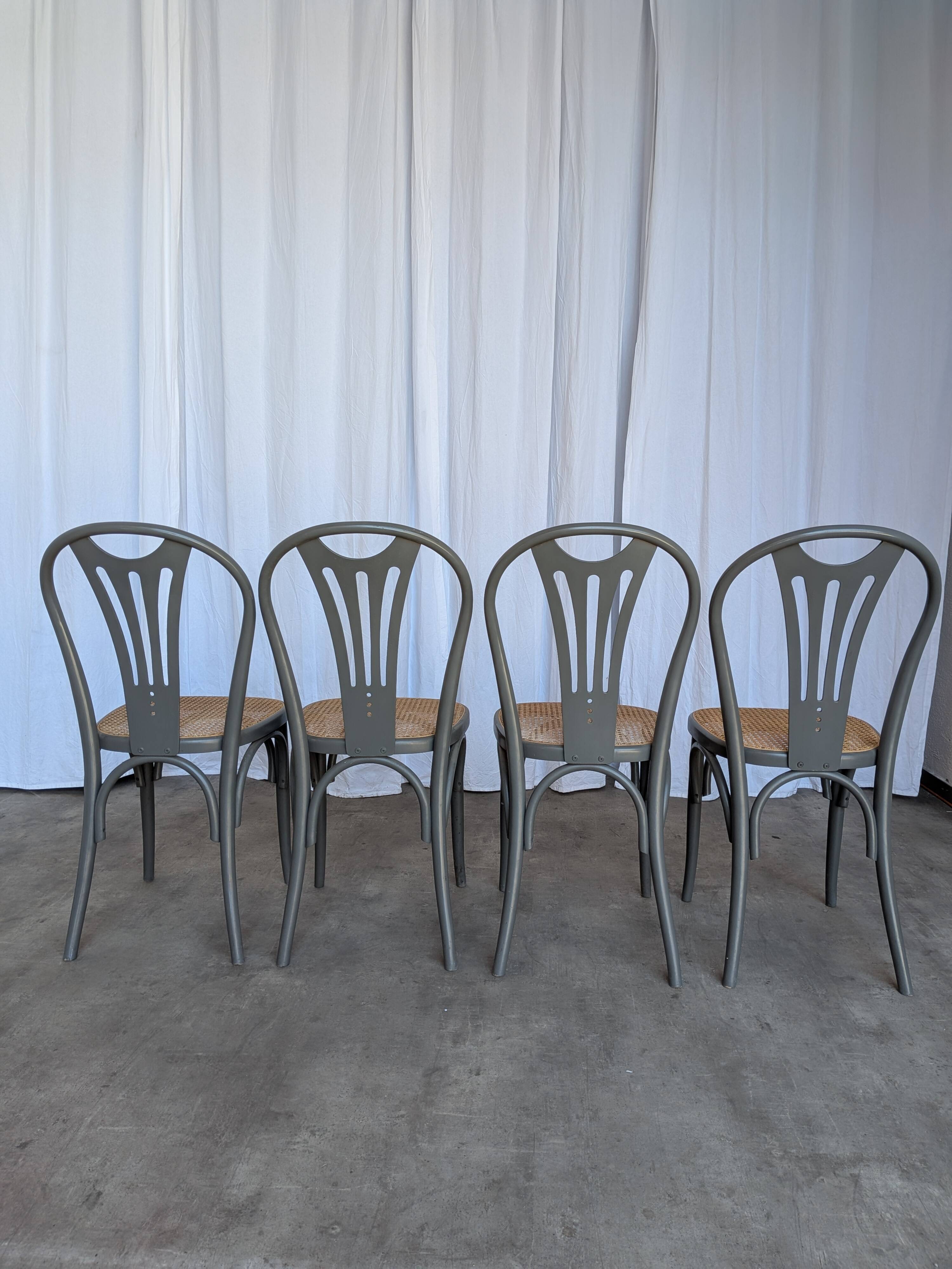 Set of 4 Vintage Gray Thonet Style Dining Chairs with Cane Seat