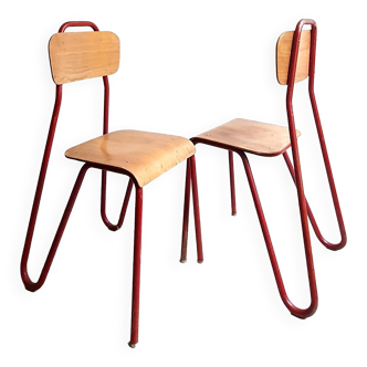 Rare pair of chairs in red tubular metal and wood  Vintage 1960