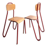 Rare paire de chaises en métal tubulaire rouge et bois  Vintage 1960