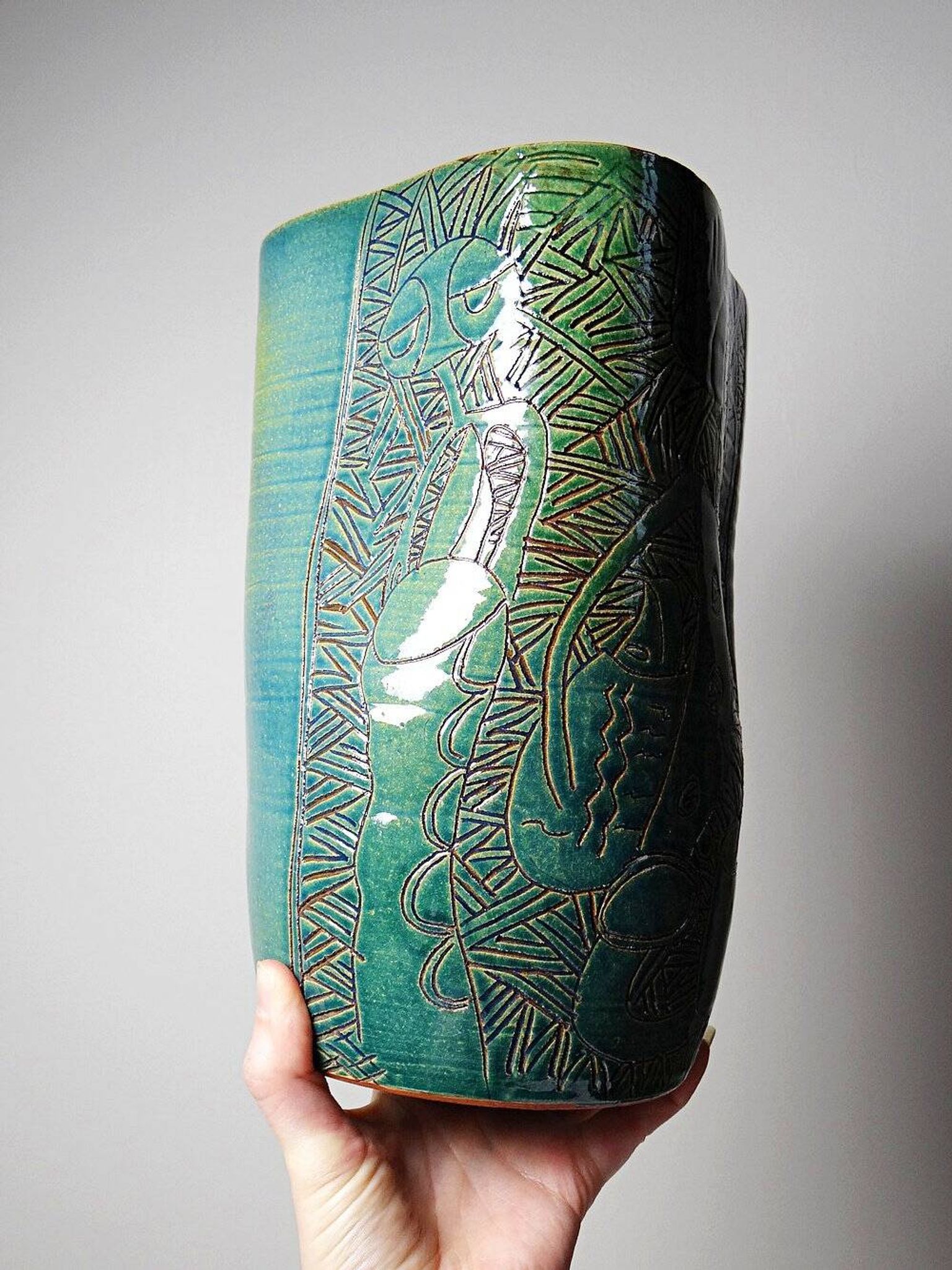 Vintage blue-green handcrafted pottery vase with incised tribal design by Eseka Pottery