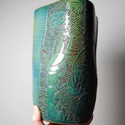 Vintage blue-green handcrafted pottery vase with incised tribal design by Eseka Pottery