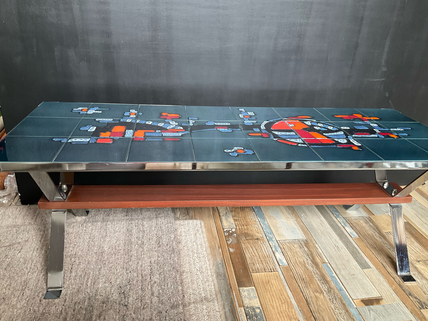 Coffee table in signed ceramic and chromed metal 70s