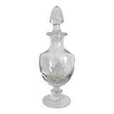 Flacon ancien sur pied en verre soufflé gravure médaillon