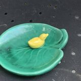 Empty pocket, duck soap dish on green barbotine leaf vintage