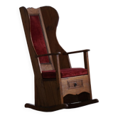 Fauteuil à bascule anglais ancien en bois avec rembourrage en velours rouge, 19ème siècle