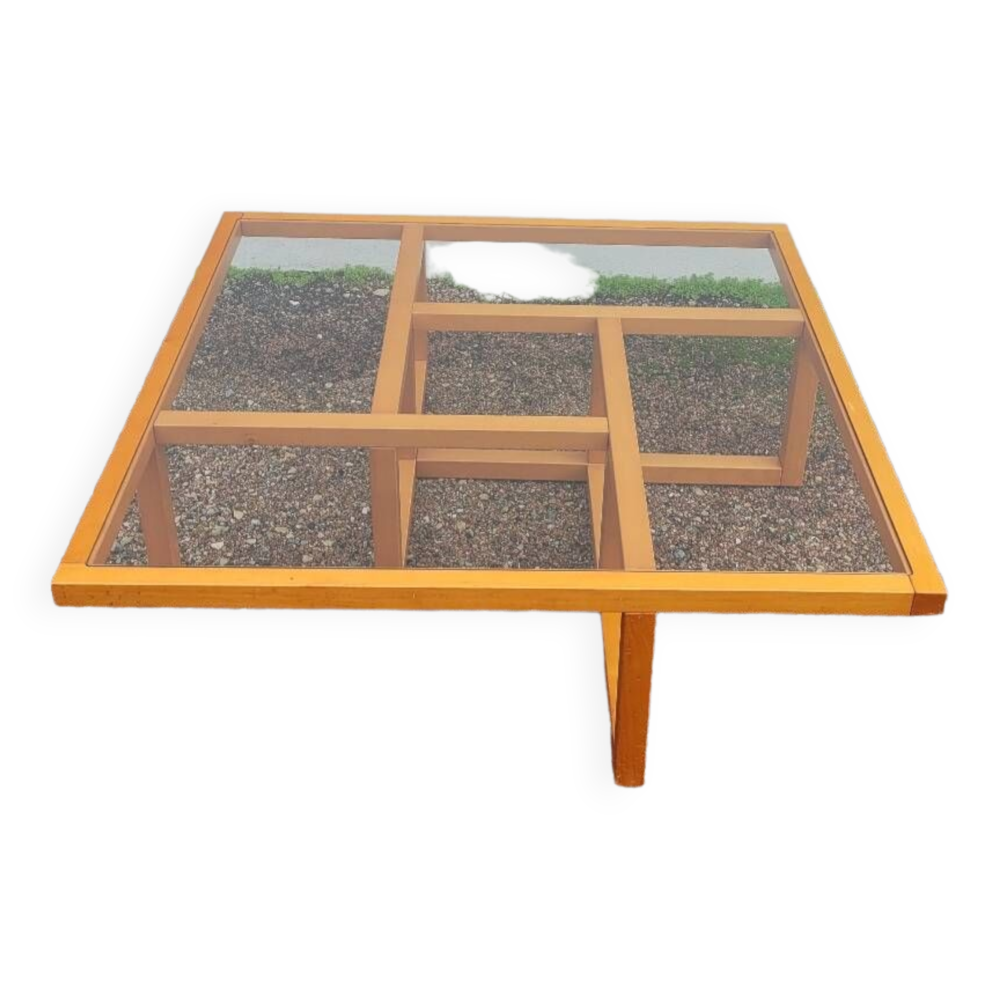 Modernist vintage square coffee table, in wood and old glass