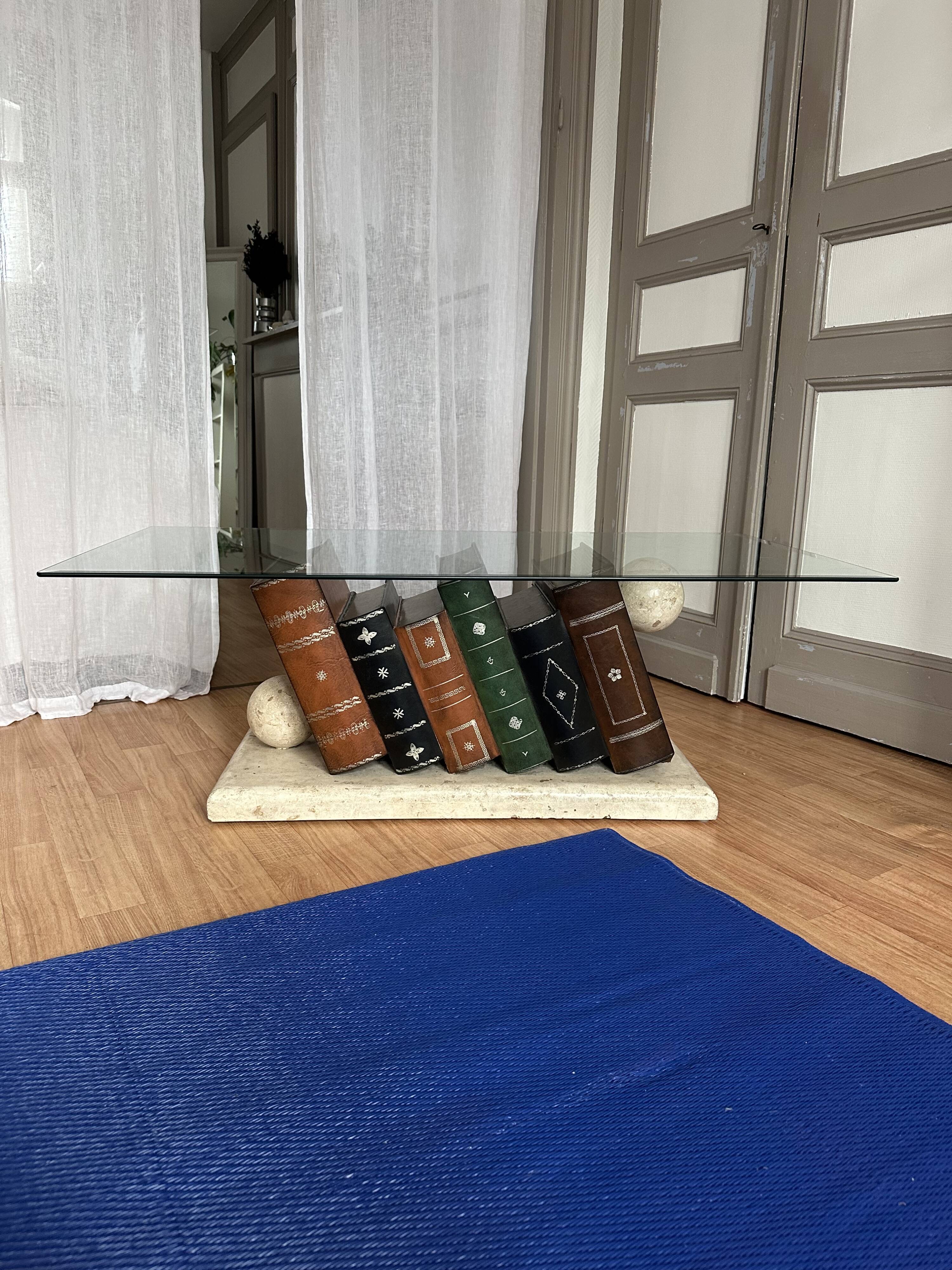 Vintage glass coffee table with trompe-l'oeil book base