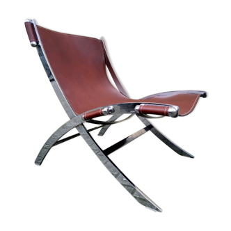 Vintage armchair 80's steel and cowhide leather