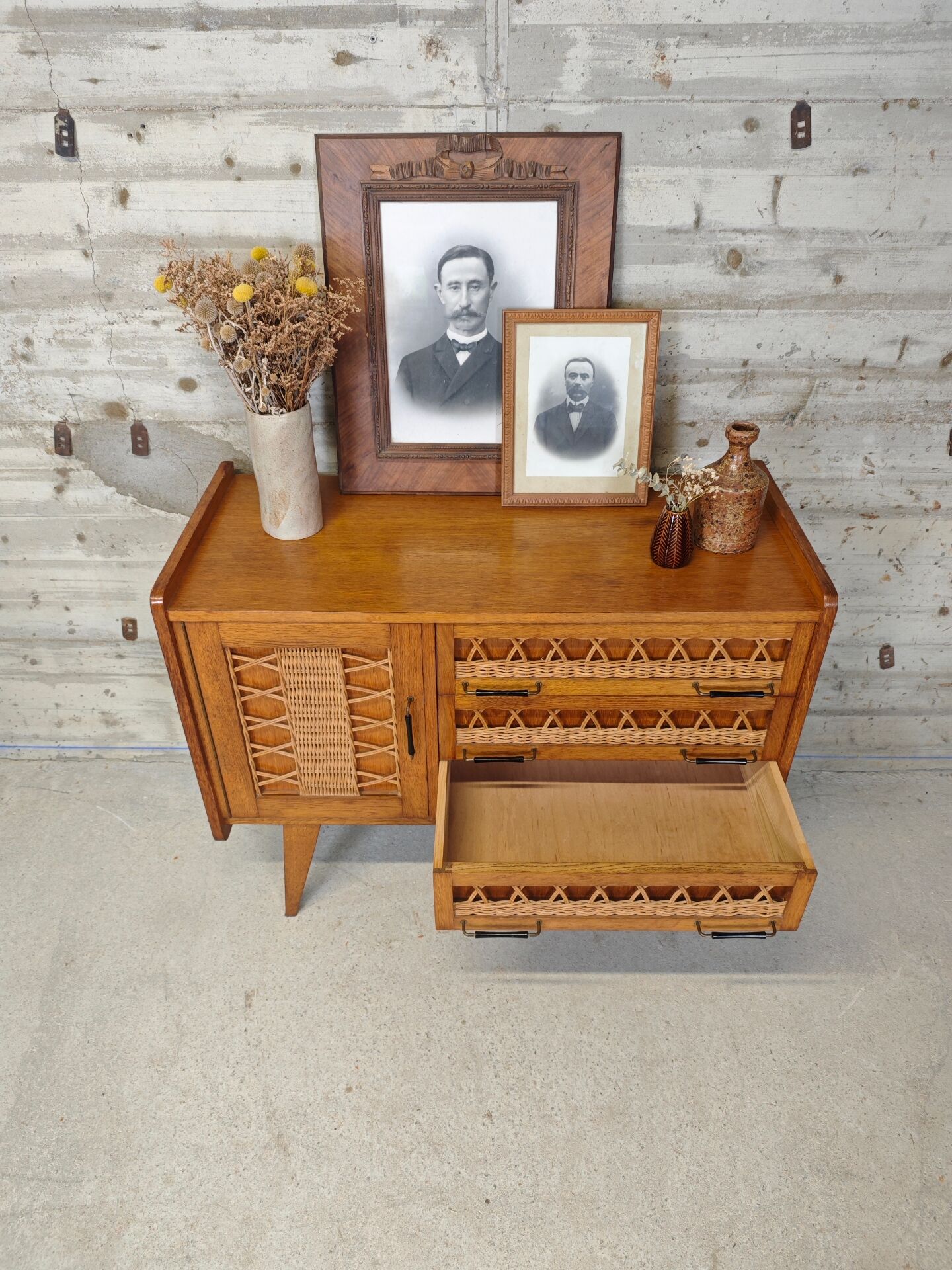 Buffet vintage bois et rotin
