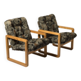 Two "Bolek" chairs, in pine and original fabric, Poland, 1980s