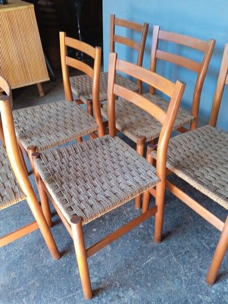 6 Scandinavian chairs wood and rope period 1960