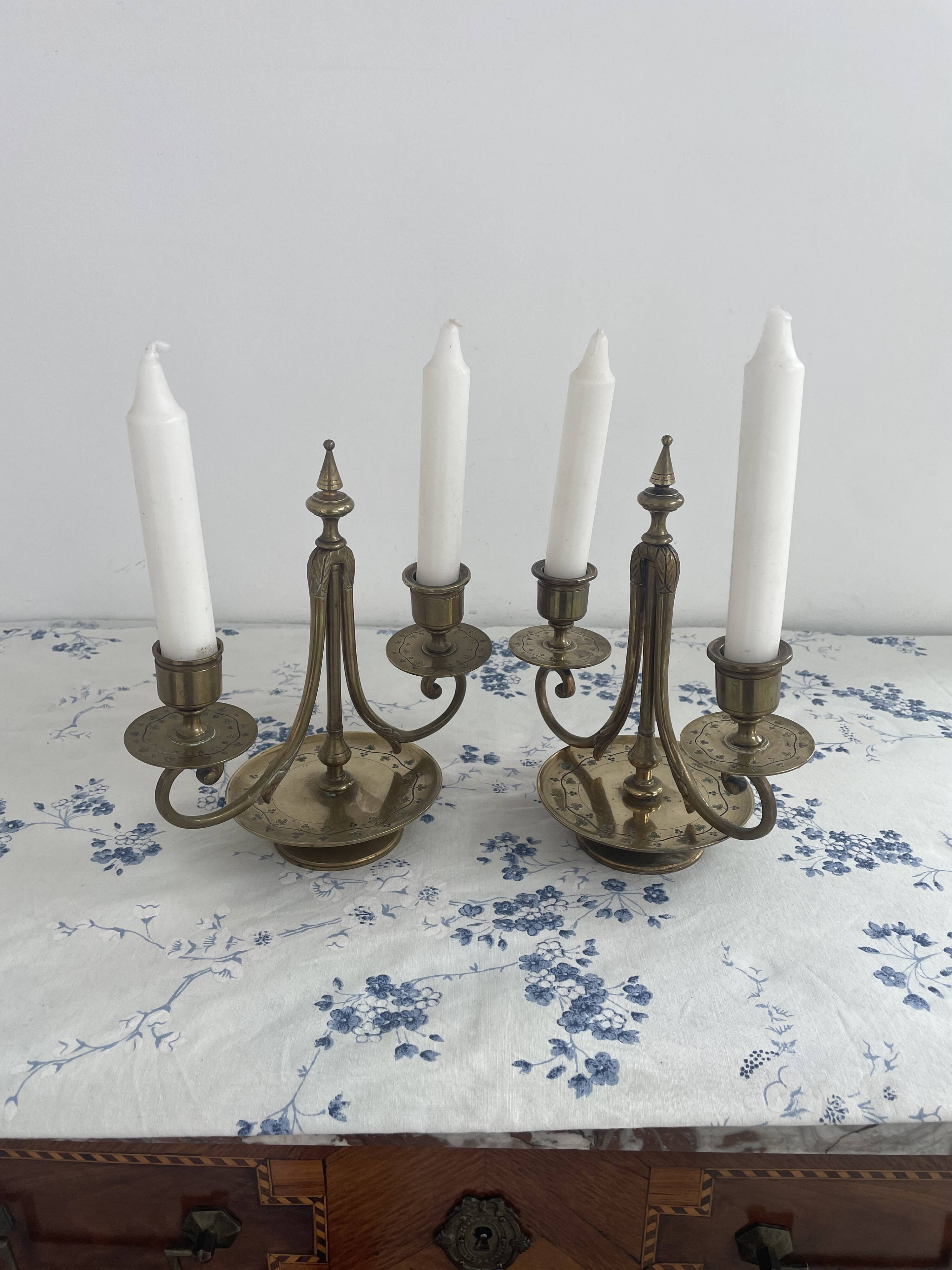 Pair of candlesticks, gilded and enamelled brass, Art Nouveau, early 20th century