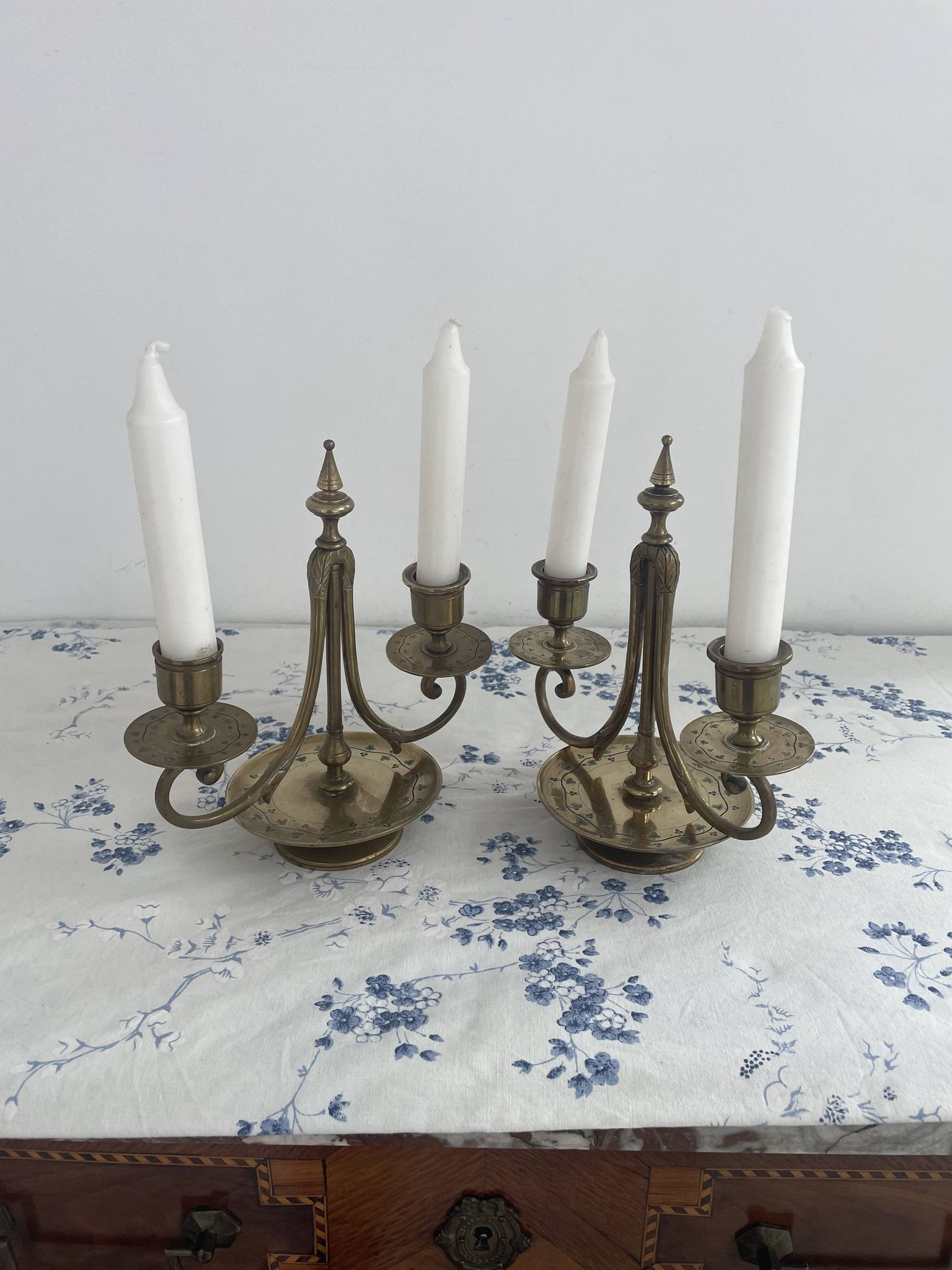Pair of candlesticks, gilded and enamelled brass, Art Nouveau, early 20th century