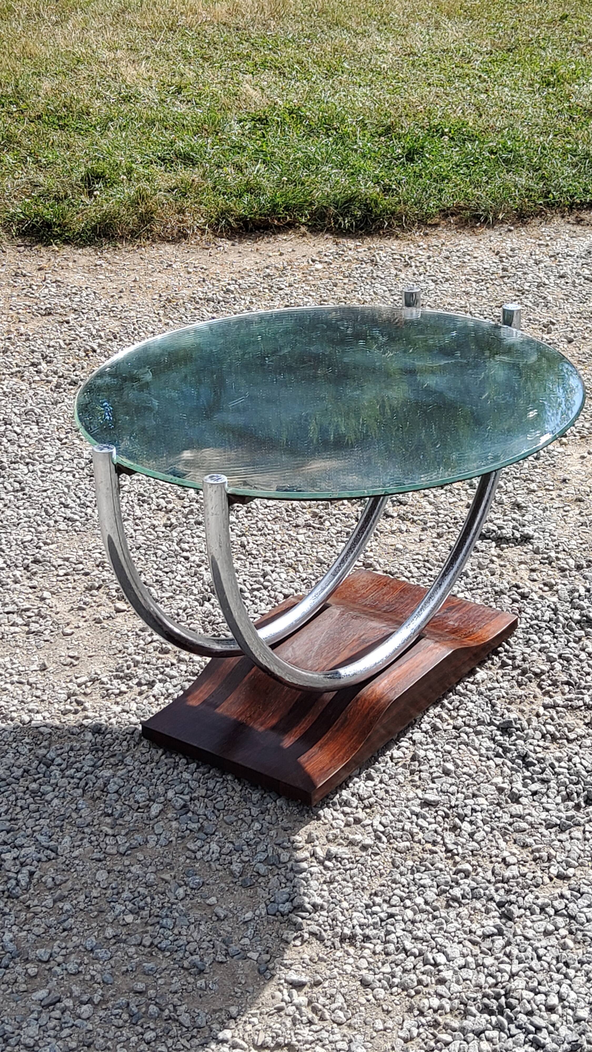 Art deco coffee table mirror base chrome and rosewood