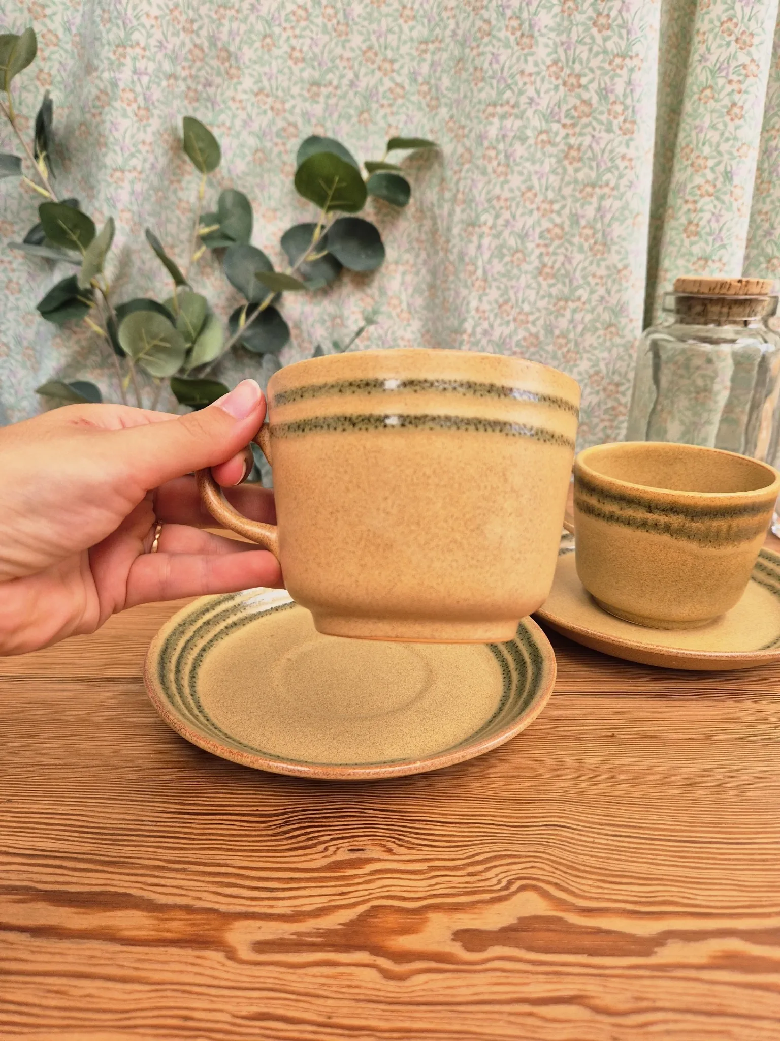 Two vintage Sarreguemines stoneware breakfast cups.